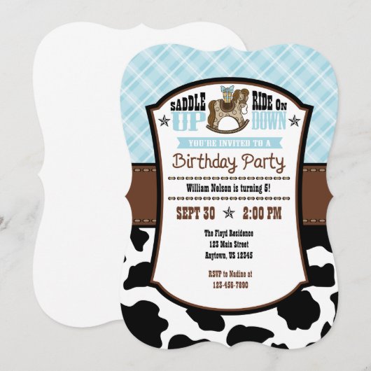 Powder Blue Pset Koeienhuid Cowboy Birthday Invite Kaart (Voorkant / Achterkant)