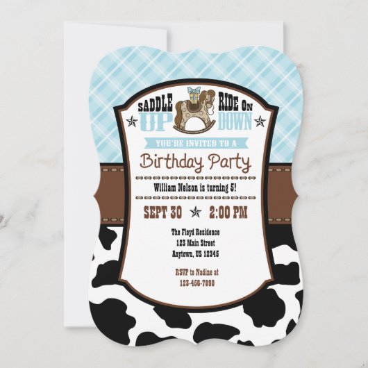 Powder Blue Pset Koeienhuid Cowboy Birthday Invite Kaart (Voorkant)