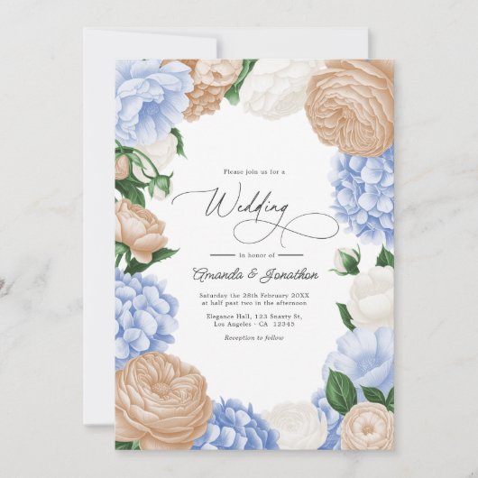 Powder Blue, Sand Beige & White Floral Wedding Kaart (Voorkant)