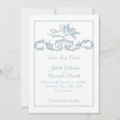 Powder Blue Toile de Jouy Cherub Save the Date Car (Voorkant)