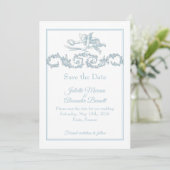 Powder Blue Toile de Jouy Cherub Save the Date Car (Staand voorkant)