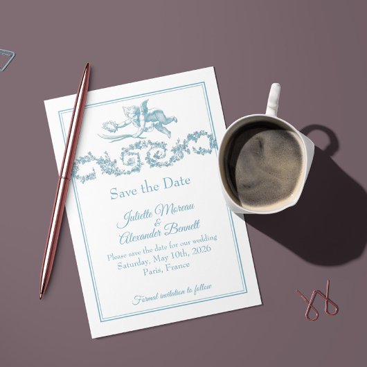 Powder Blue Toile de Jouy Cherub Save the Date Car