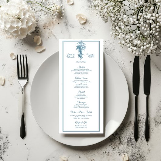 Powder Blue Toile de Jouy Wedding Menu Card