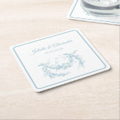 Powder Blue Toile de Jouy Wedding Paper Coasters Kartonnen Onderzetters (Schuin)