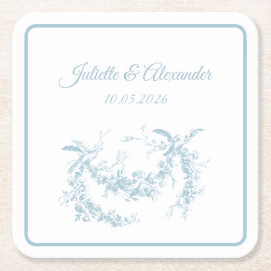 Powder Blue Toile de Jouy Wedding Paper Coasters Kartonnen Onderzetters (Voorkant)