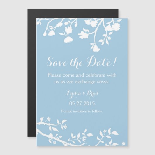 Powder Blue White Flower Save the Date Magnet Magnetische Uitnodiging (Voorkant / Achterkant)