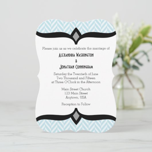 Powder Blue White Herringbone Wedding Invitation Kaart (Staand voorkant)