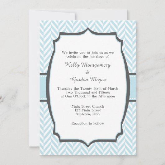 Powder Blue White Herringbone Wedding Invitation Kaart (Voorkant)
