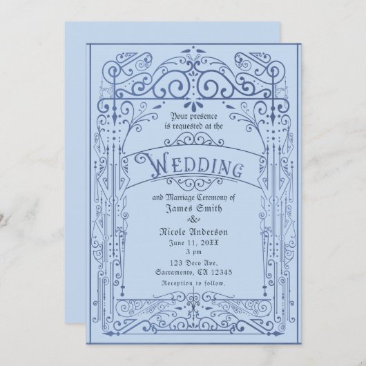 Powder Blue White  Victoriaans deco Wedding Kaart (Voorkant / Achterkant)