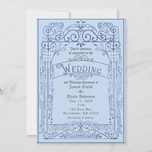Powder Blue White  Victoriaans deco Wedding Kaart (Voorkant)