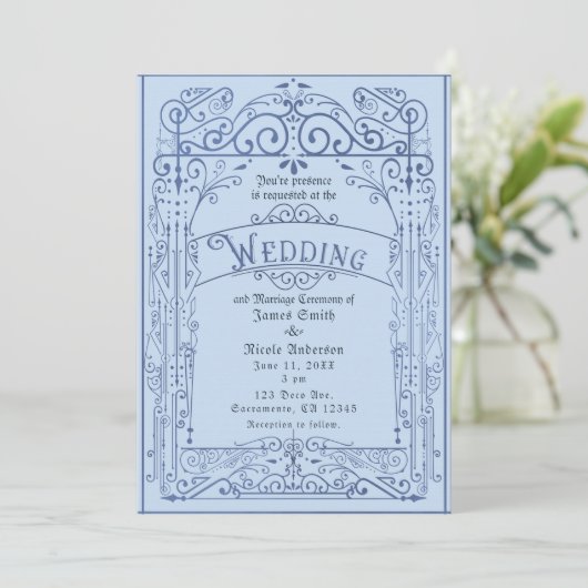 Powder Blue White  Victoriaans deco Wedding Kaart (Staand voorkant)