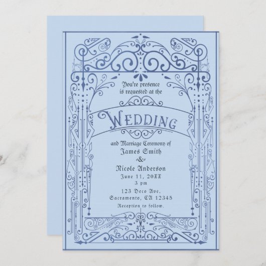 Powder Blue White  Victoriaans deco Wedding Kaart (Voorkant / Achterkant)