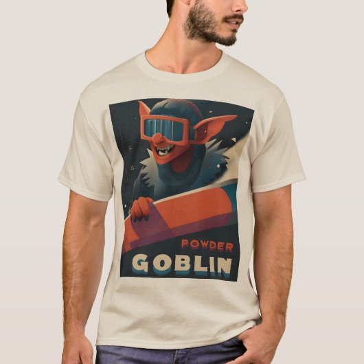 Powder Goblin Retro Ski Poster-Style T-Shirt (Voorkant)