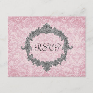 Powder Pink 2 Damask Vintage RSVP Wedding Response Kaartje