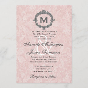 Powder Pink Damask Silver Monogram Weddenschap Kaart