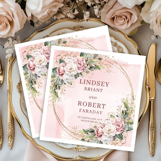 Powder Pink Floral Eucalyptus Gold Glitter Wedding Servet