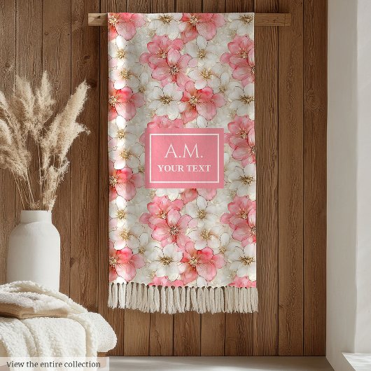 Powder Pink Flowers Elegant Monogram Blanket Fleece Deken