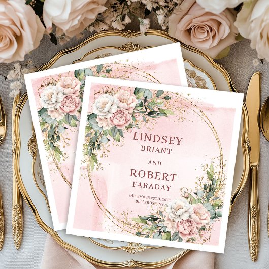 Powder Pink Flowers Greenery with Gold Glitter  Servet