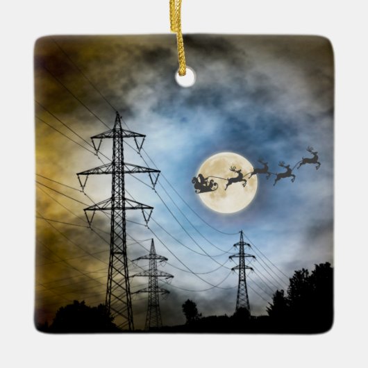 Power Lines, Santa en Full Moon Kerstmis Keramisch Ornament (Voorkant)