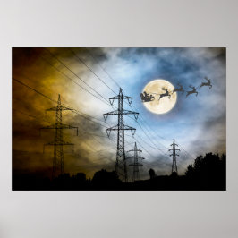 Power Lines, Santa en Full Moon Kerstmis Poster