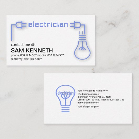 Power Plug Blue Light Bulk Silhouette Visitekaartje (Voorkant / Achterkant)