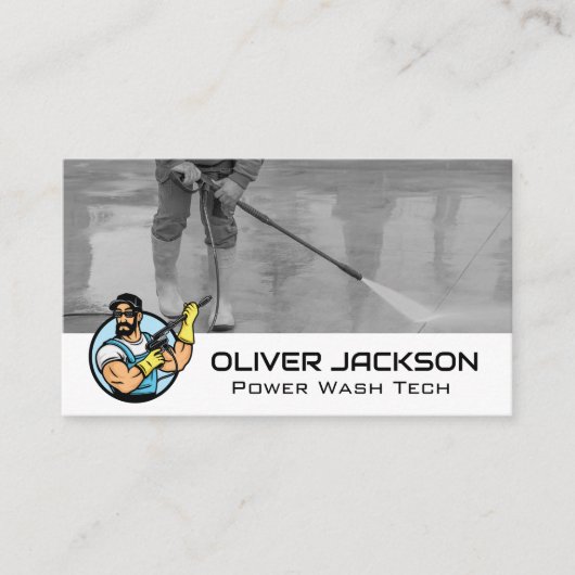 Power Wash-logo | Arbeider die bestrating schoonma Visitekaartje (Voorkant)