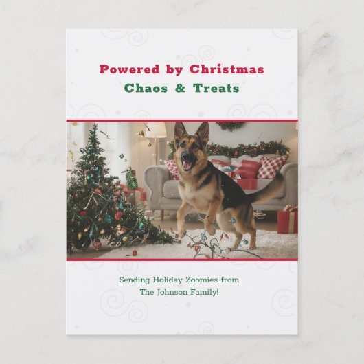 Powered by Christmas Chaos Funny Dog Pet Photo Feestdagenkaart (Voorkant)