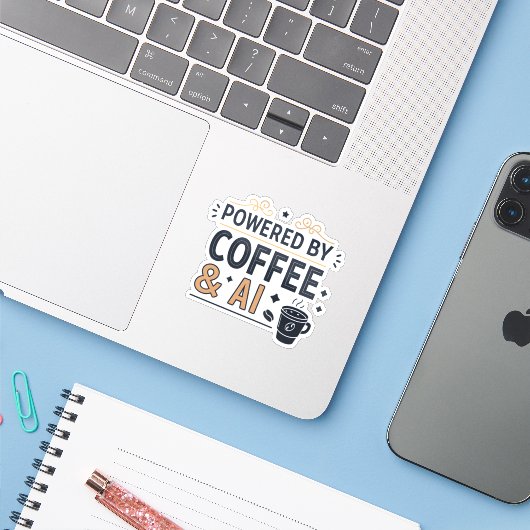 Powered by Coffee & AI Retro Tech Vector Sticker (Laptop met iPhone)