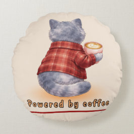 "Powered by Coffee" Cat Holding A Cup of Coffee Rond Kussen