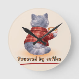 "Powered by Coffee" Cat Holding A Cup of Coffee Ronde Klok