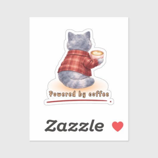 "Powered by Coffee" Cat Holding A Cup of Coffee Sticker (Vel)