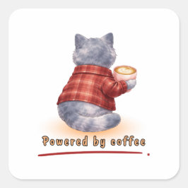 "Powered by Coffee" Cat Holding A Cup of Coffee Vierkante Sticker