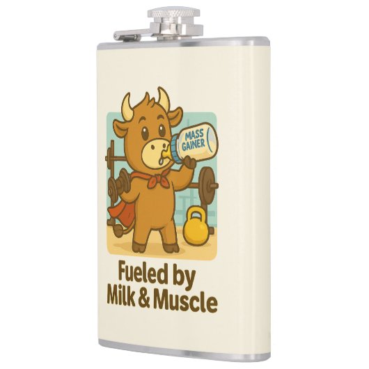 Powered by Milk & Muscle – Funny Bull Cartoon Flas Heupfles (Links)
