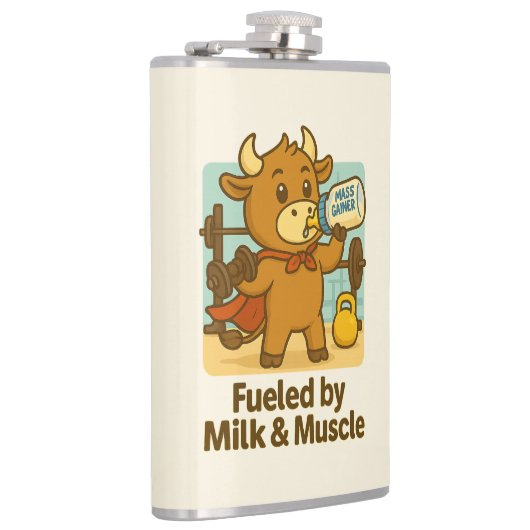 Powered by Milk & Muscle – Funny Bull Cartoon Flas Heupfles (Rechts)