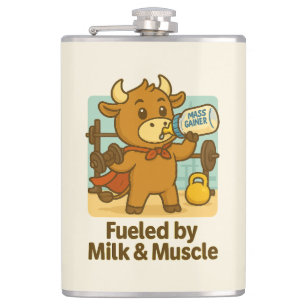 Powered by Milk & Muscle – Funny Bull Cartoon Flas Heupfles