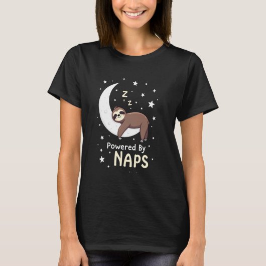 Powered by Naps Cute Sleepy Sloth Crescent Moon Dr T-shirt (Voorkant)