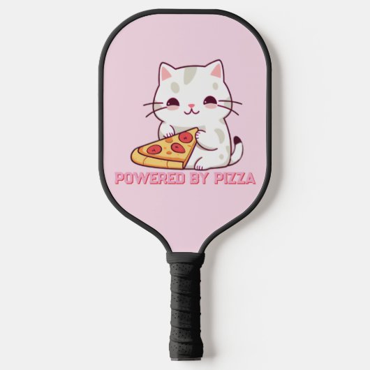 Powered by Pizza met een Schattigee kat Pickleball Paddle (Voorkant)