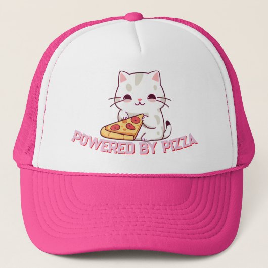 Powered by Pizza met een Schattigee kat Trucker Pet (Voorkant)