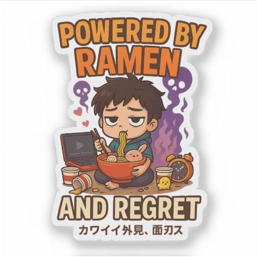 Powered by Ramen and Regret Sticker (Voorkant)