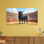Powerful Black Bull in Spanish Plaza de Toros Canvas Afdruk (Insitu (Woonkamer))