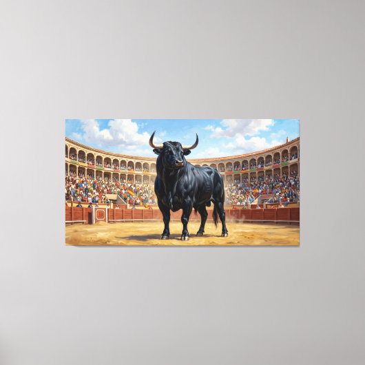 Powerful Black Bull in Spanish Plaza de Toros Canvas Afdruk (Voorkant)