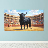Powerful Black Bull in Spanish Plaza de Toros Canvas Afdruk (Insitu (Houten vloer))