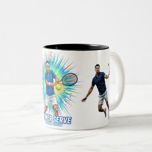 Powerful Tennis Player Serve Sport Action Mug Tweekleurige Koffiemok (Voorkant rechts)
