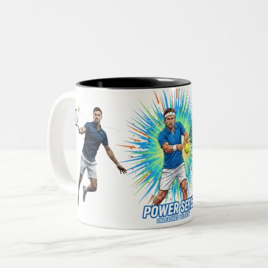 Powerful Tennis Player Serve Sport Action Mug Tweekleurige Koffiemok (Voorkant links)