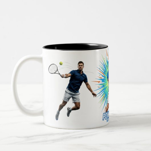 Powerful Tennis Player Serve Sport Action Mug Tweekleurige Koffiemok (Links)