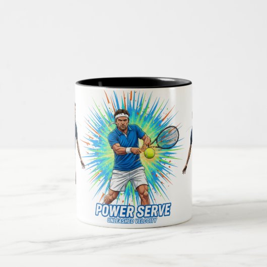 Powerful Tennis Player Serve Sport Action Mug Tweekleurige Koffiemok (Center)