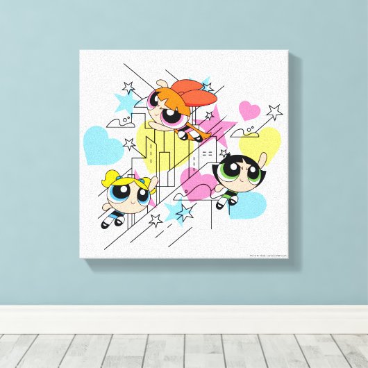 Powerpuff Girls Townsville Pattern Canvas Afdruk (Insitu (Houten vloer))