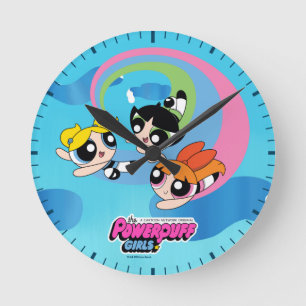 Powerpuff-meisjes vliegen door de lucht ronde klok