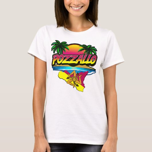 Pozzallo Sicilia Zonsondergang met Palmen T-shirt (Voorkant)