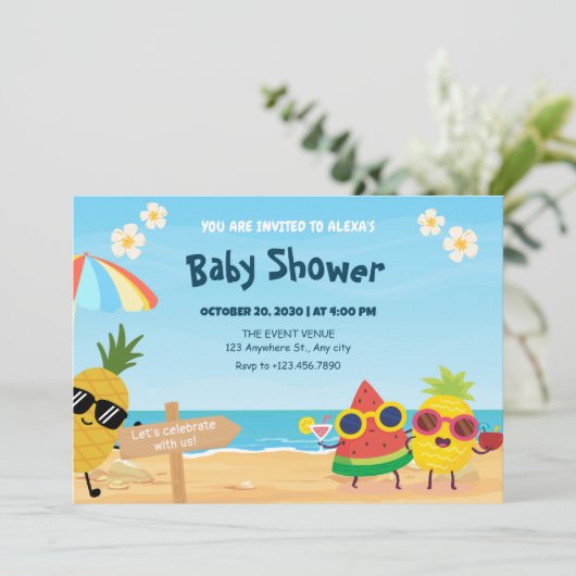 PPlayful summer beach cartoon fruit baby shower Kaart (Staand voorkant)